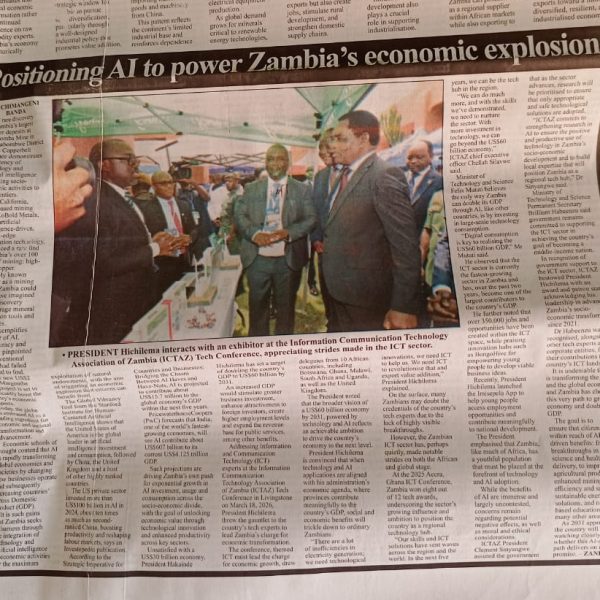 President Hichilema interacts with Zamtel CEO Jason Mwanza at the 2026 ICTAZ Tech Conference exhibition